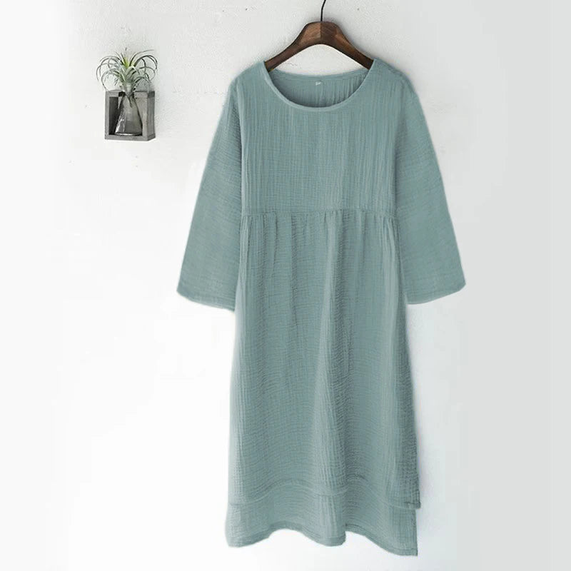 Vintage Cotton Gauze Summer Dress Solid O-Neck Short Long Basic