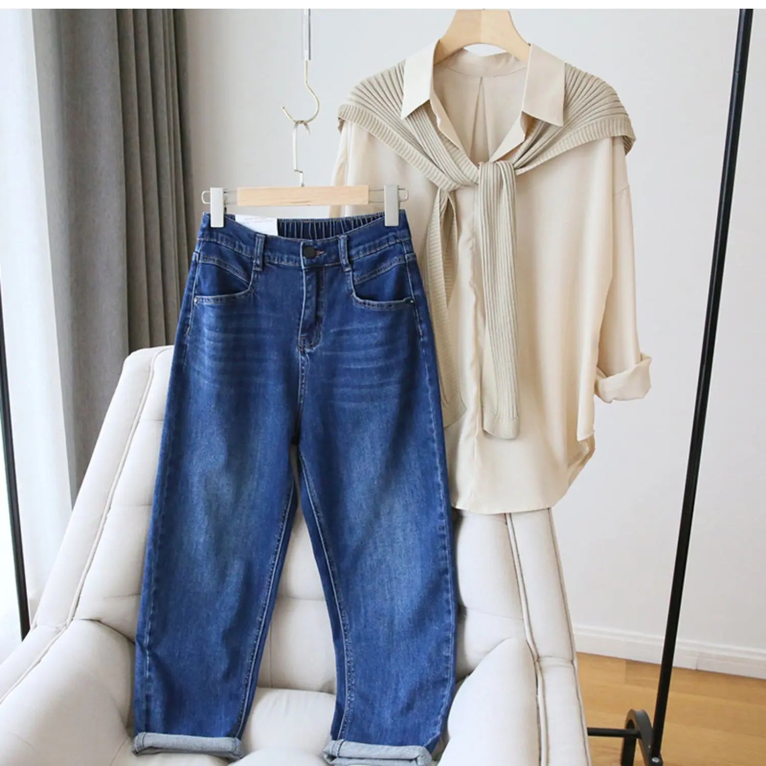 Casual Loose Denim Pants High Waist Straight Zipper Simple