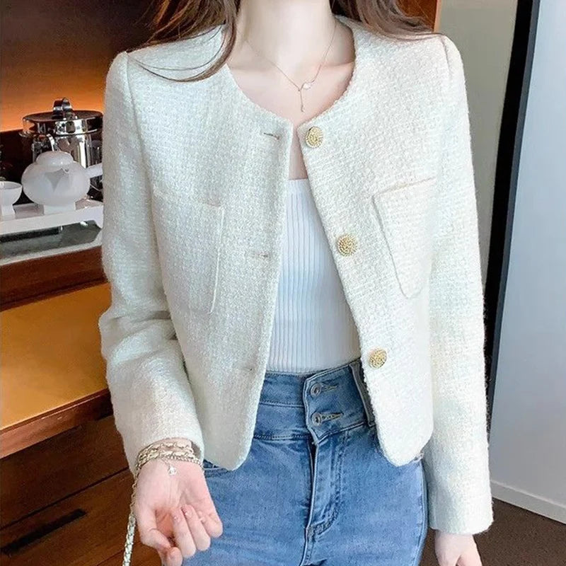 Fashion Tweed Cropped Jackets Round Neck Chic Coat