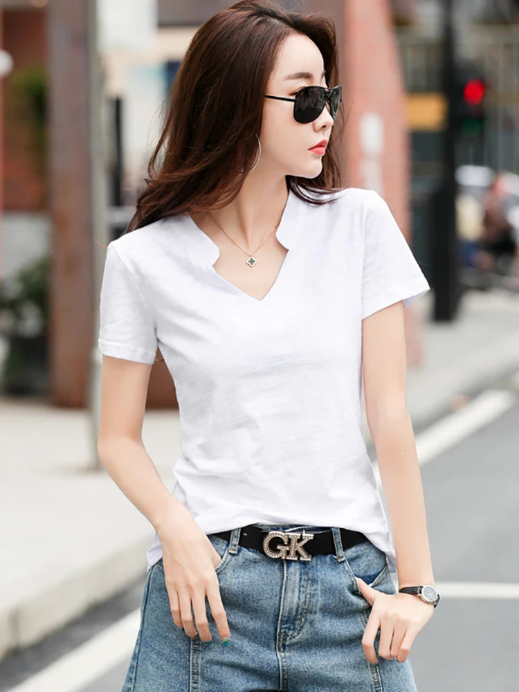 Cotton T-Shirt Cotton V-Neck Soft Basic Fashion Classic Tops