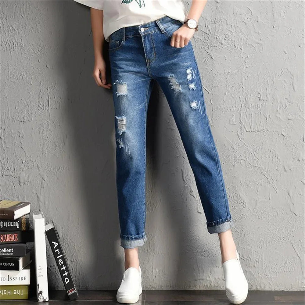 Fashion Mid Waist Boyfriend Big Ripped Hole Jeans Casual Denim Pants