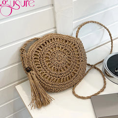 Hand-Crochet Knitting Straw Crossbody Bag Round Woven Knitted