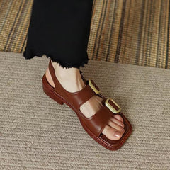 Summer French Retro Roman Sandals Square Toe Low Heel