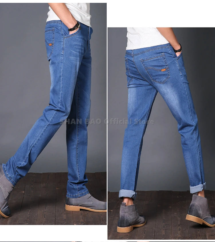 Classic Thin Denim Jeans Lightweight Elastic Simple Casual Trousers