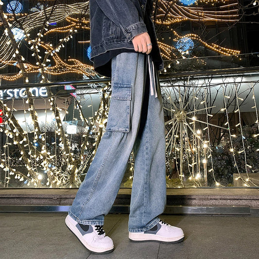 Elastic Waist Cargo Baggy Jeans High Street Pants Straight Y2K Multi-pocket Overalls