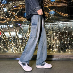 Elastic Waist Cargo Baggy Jeans High Street Pants Straight Y2K Multi-pocket Overalls
