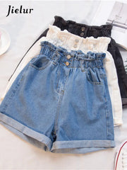 Denim Harem Ruffled White Blue High Waisted Shorts