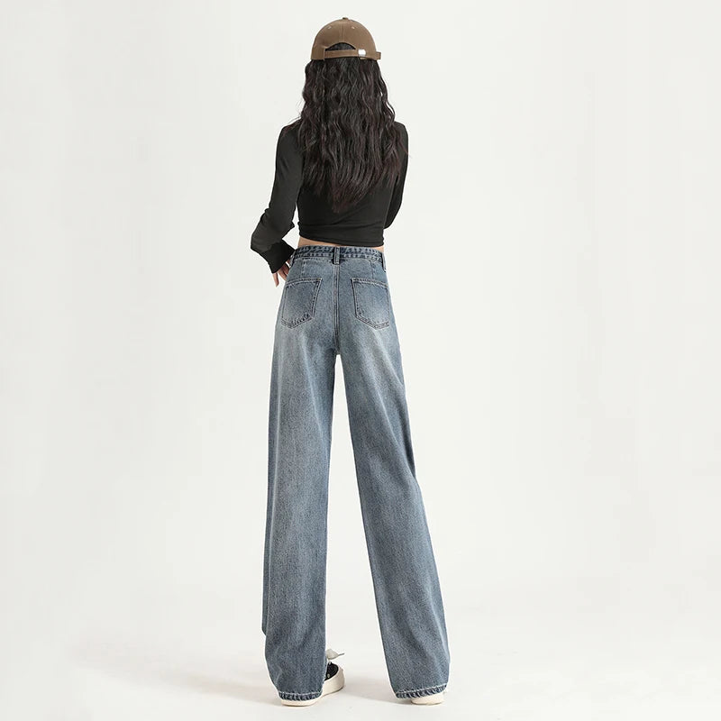 Straight  Jeans Adjust Elastic High Waist Vintage Denim Pants