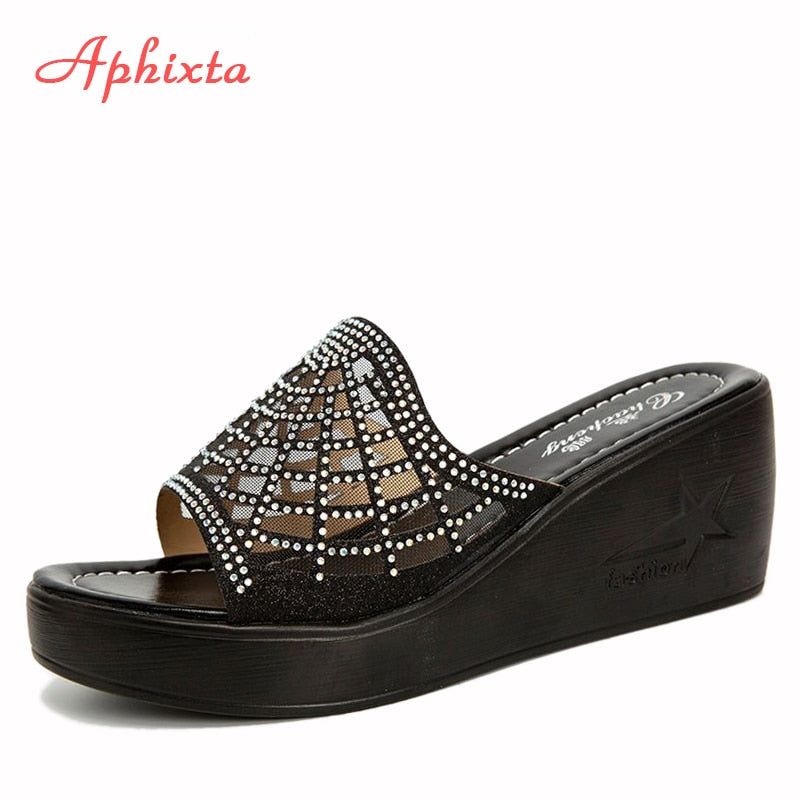 Wedge Heels Slides Women Slippers Platform Bling Crystals