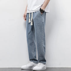 Men's Jeans Cotton Soft Drawstring Straight Pants Elastic Waist Vintage