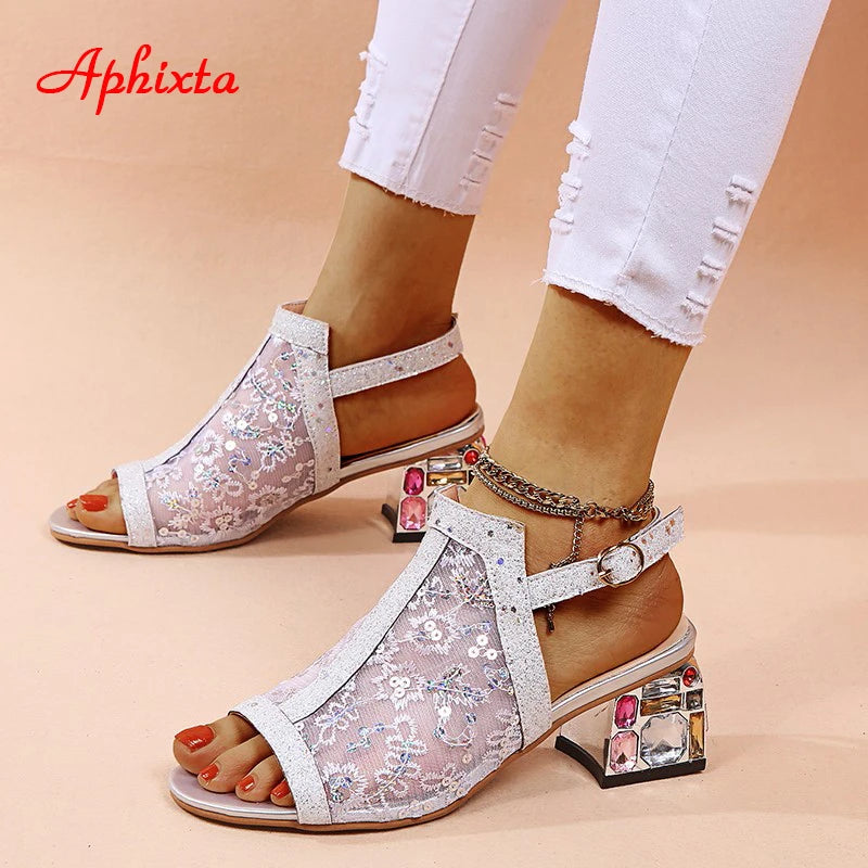 Air Mesh Colorful Diamonds Square Heel Sandals Peep Slippers