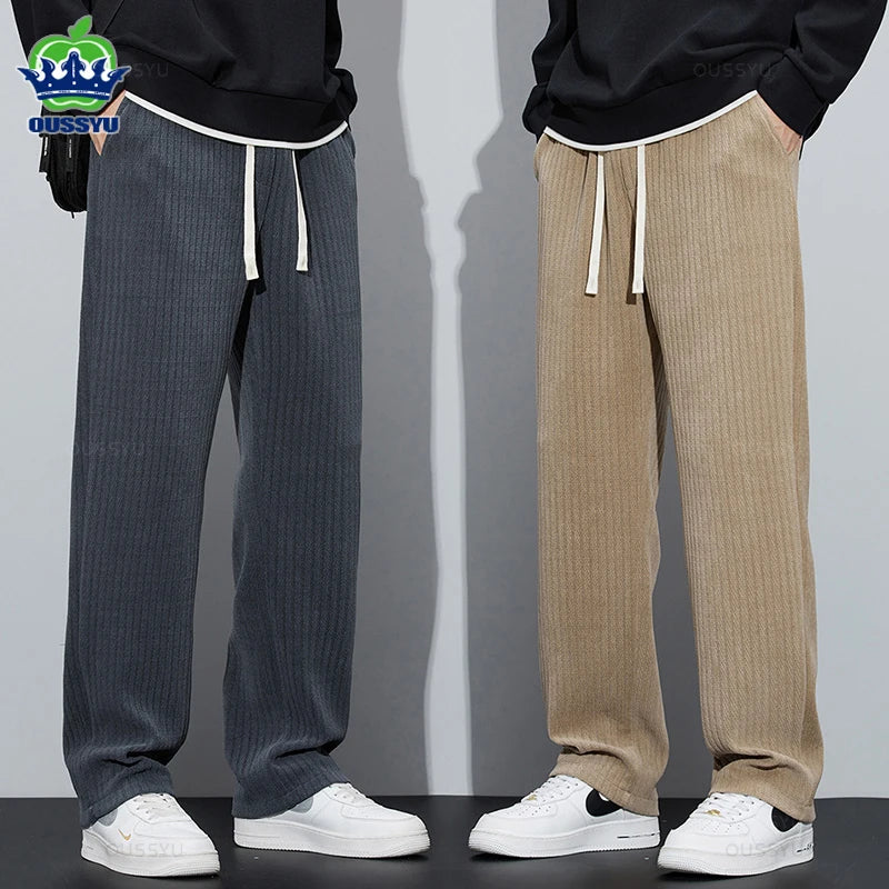 Stretch Stripe Corduroy Pants Thick Elastic Waist Baggy Straight Jogger Trousers