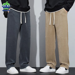 Stretch Stripe Corduroy Pants Thick Elastic Waist Baggy Straight Jogger Trousers