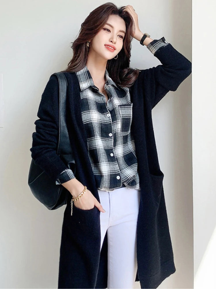 Women Solid Color Loose Thick Warm Sweater Cardigan Pocket