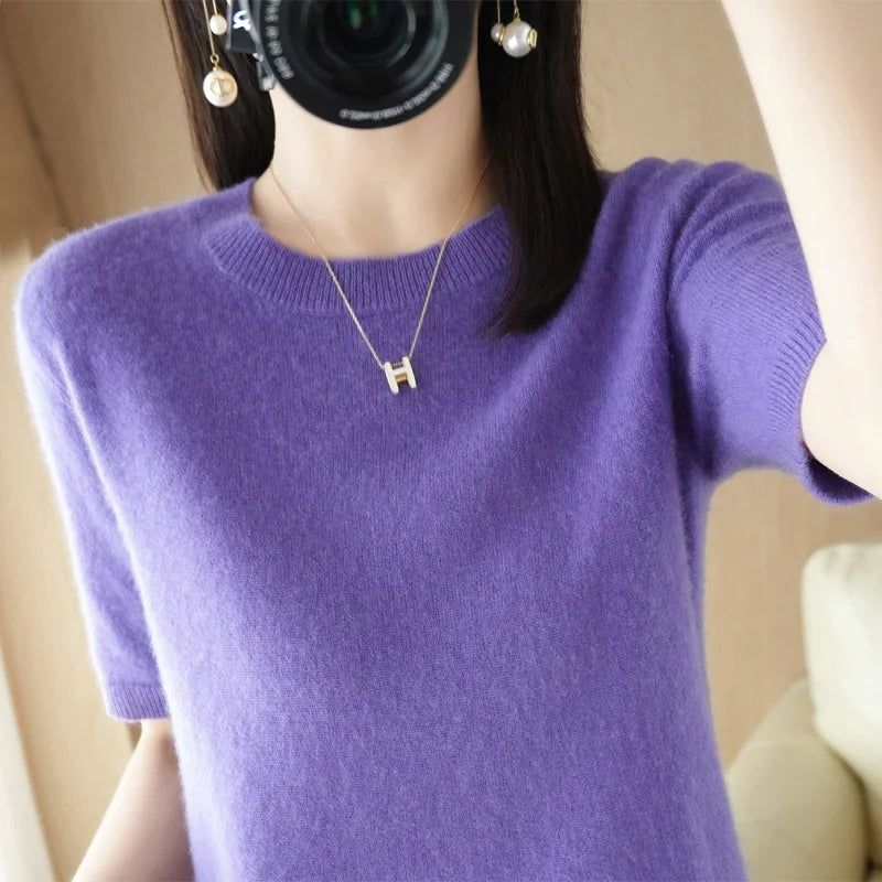 Sweater Short Sleeve O-neck Slim Fit Knitted Pullovers