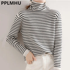 Striped Turtleneck Sweaters Knitted Jumpers Casual