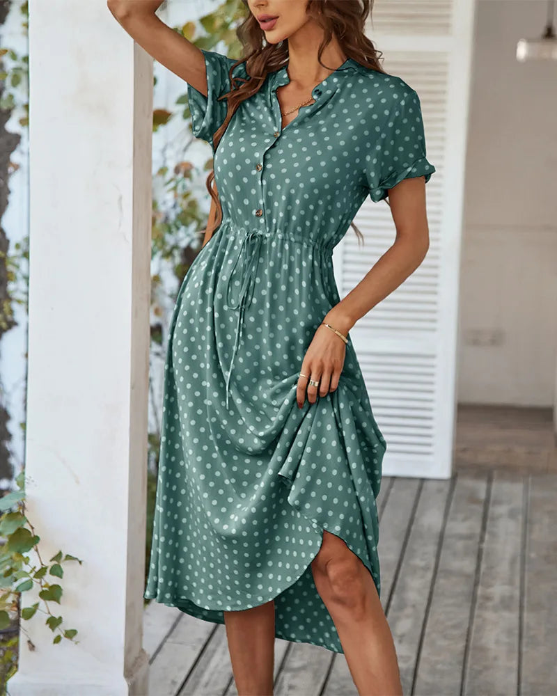 Polka Dot Print Shirt Dress Women Casual Midi Summer Dress