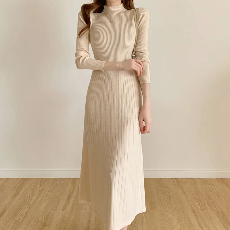 Long Sleeve Midi Knitted Half High Collar Elegant Knitted Sweater Dresses