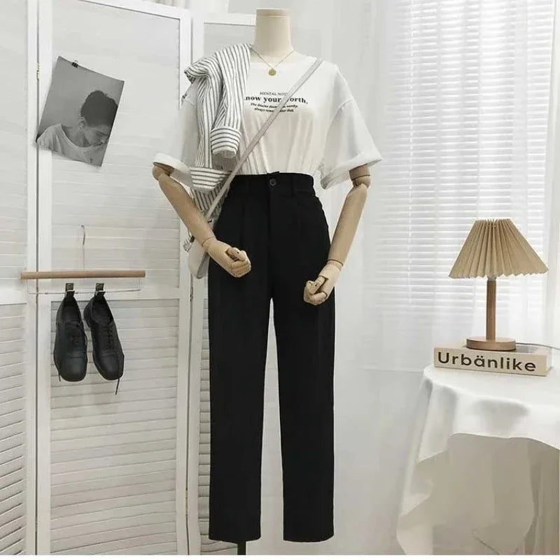 Fashion Elastic High Waist Pants Casual Loose Straight