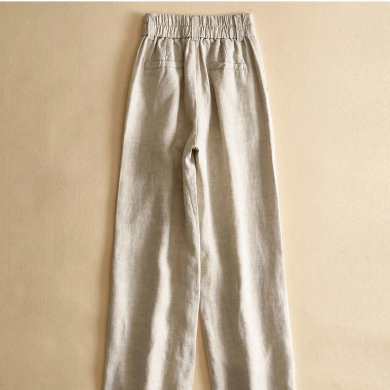 Fashion Cotton Linen Pants Elegant High Waist Wide Leg Trouser