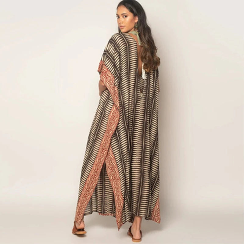 Retro Kaftan Boho Printed V-neck Tassel Maxi Dress