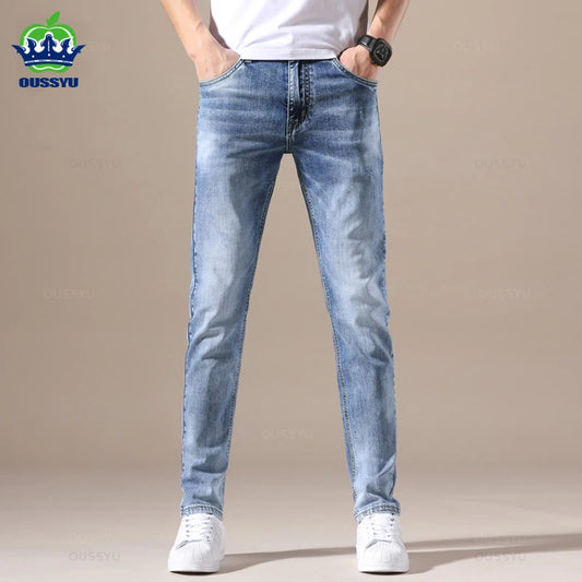 Clothing Jeans Men Stretch Light Blue Denim Fashion Pleated Retro Pocket