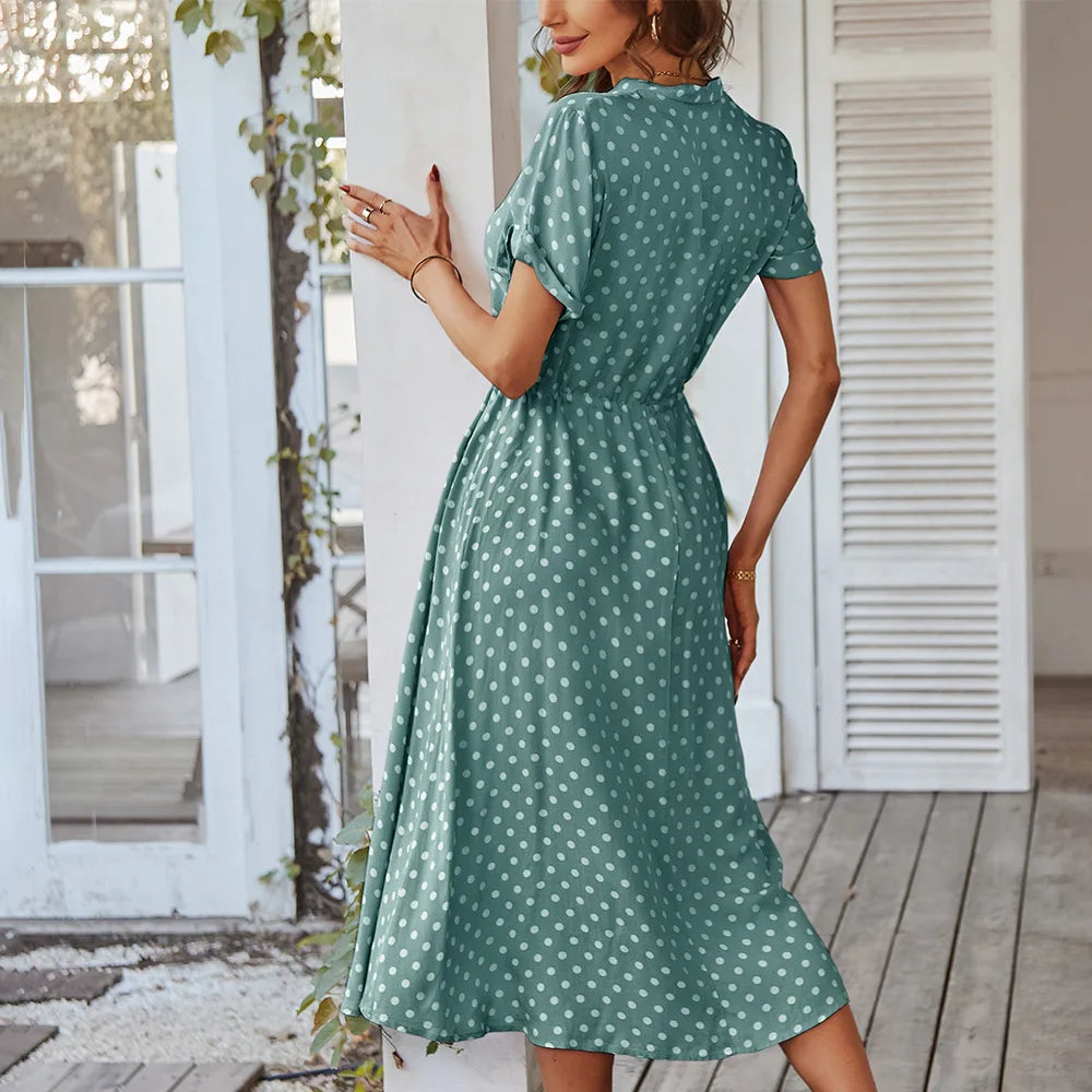 Polka Dot Print Shirt Dress Women Casual Midi Summer Dress