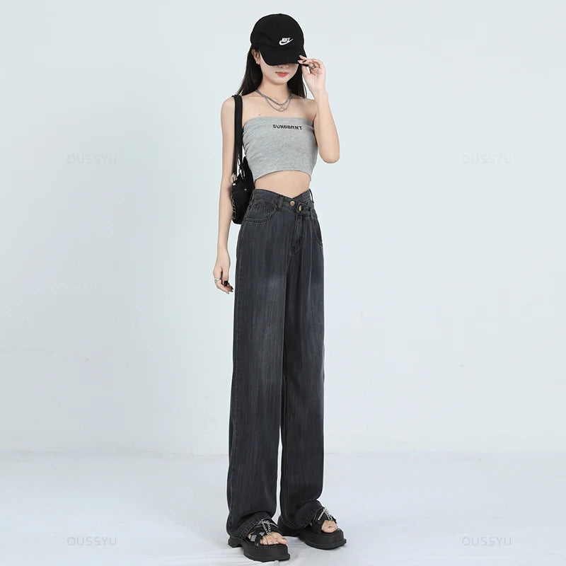 Woman Jeans Thin Loose Wide Leg Straight High Waisted Pant