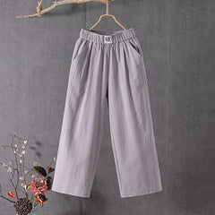 Summer Elastic Waist Women's Pants Casual Solid Cotton Linen Ankle Length