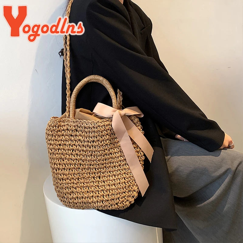 Handmade Straw Bags Ribbons Bowknot Beach Knitting Handbags