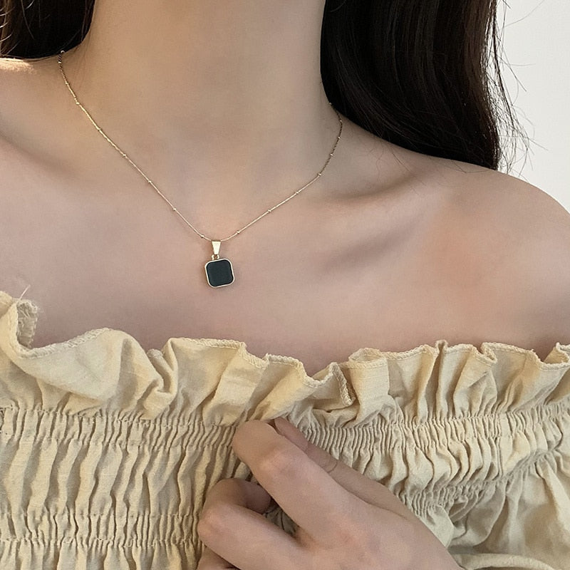 Stainless Steel Necklaces Minimalist Square Pendant Choker=