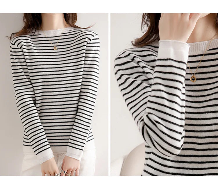 Women O-Neck Striped Sweater Harajuku Retro Pullover