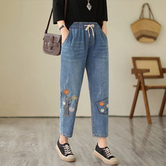 Design Flower Embroidery Jeans  Casual Loose Vintage Style