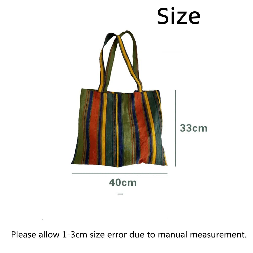 Retro Women's Canvas Shoulder Bag Rainbow Striped Shopping Bag