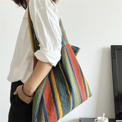 Retro Women's Canvas Shoulder Bag Rainbow Striped Shopping Bag