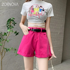 High Waist Streetwear Solid Cuffed Design Denim Shorts