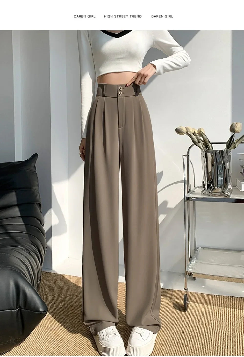 High Waist Solid Zipper Straight Women's Pants Fashion