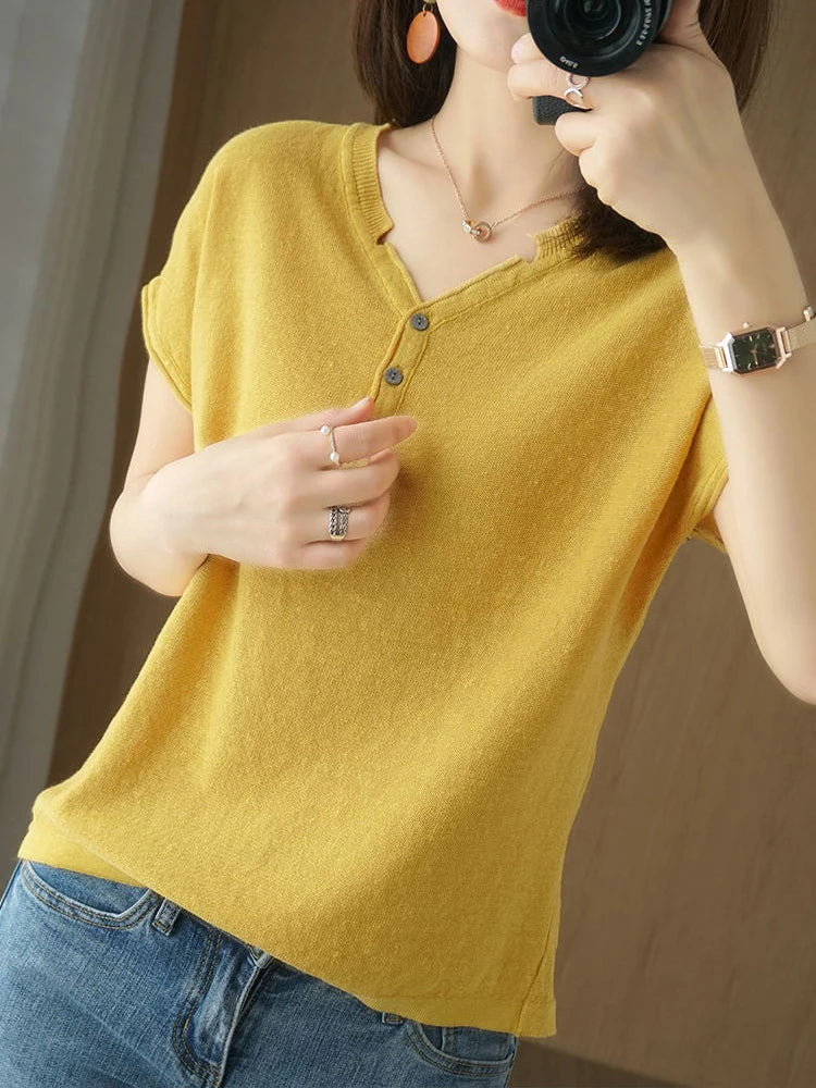 Short Sleeves T-shirt Button V Neck Cotton Linen Basic Solid Casual Top Tees