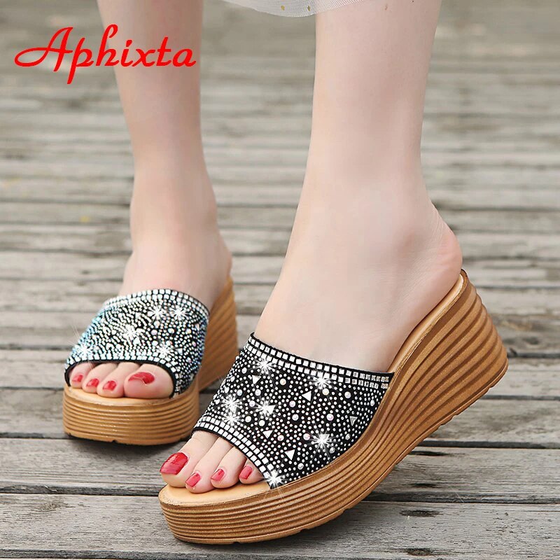 Crystals Wedge Slippers Women Platform Heels