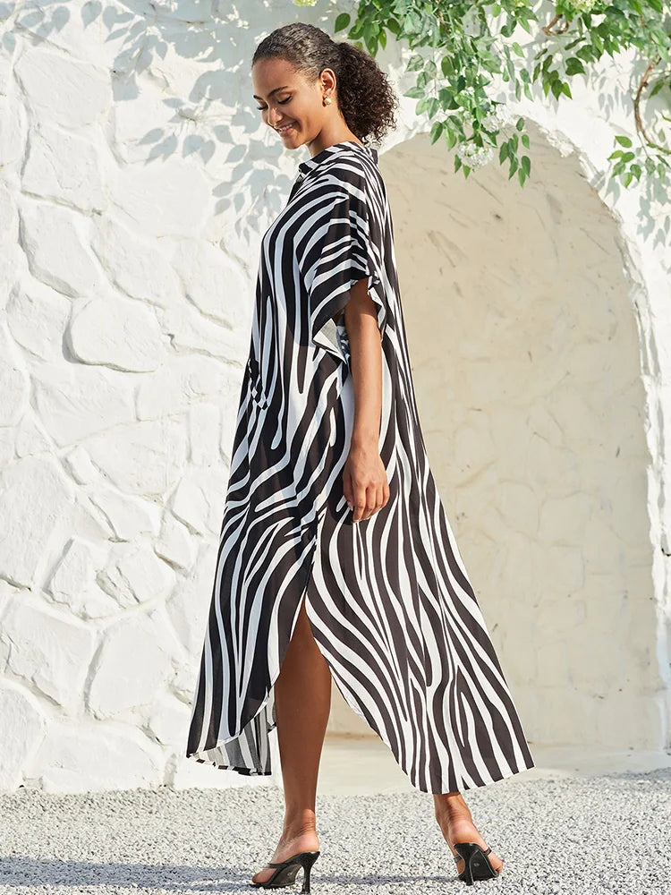 Swimsuit Cover up Women Stripe Print Kaftan Plus Size Bathing Suit