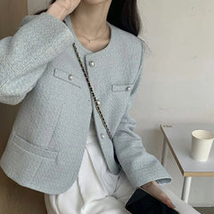 Fashion Round Neck Jacket Women Elegant Single Breasted Long Sleeve Coats