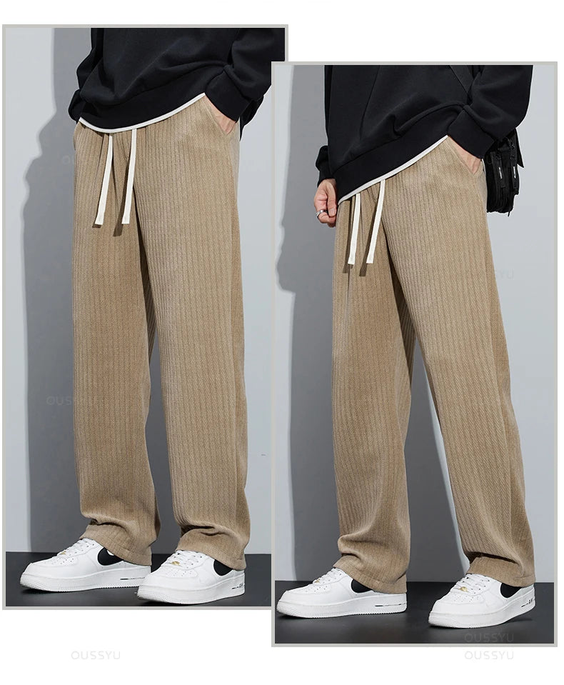 Stretch Stripe Corduroy Pants Thick Elastic Waist Baggy Straight Jogger Trousers