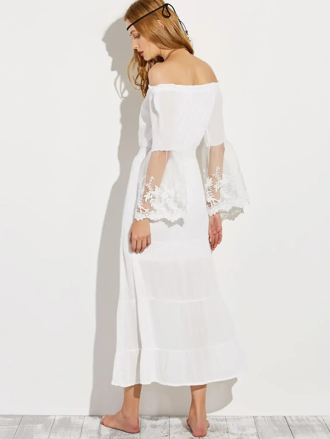 boho dress white off the shoulder beach sundress Flare long sleeve