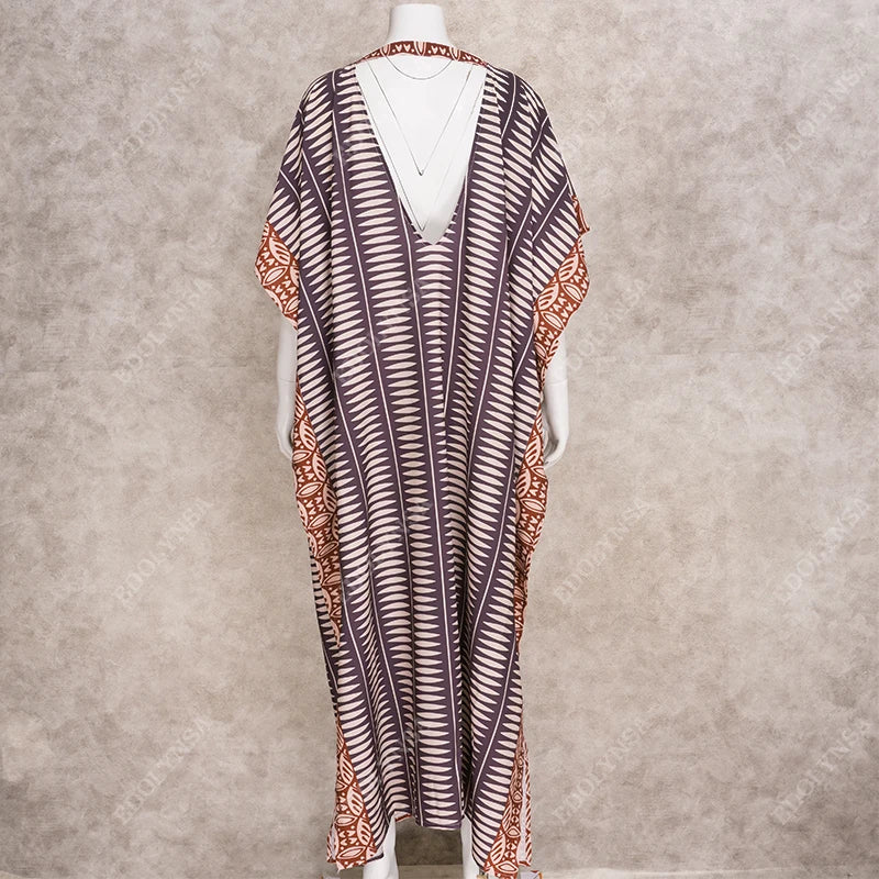 Retro Kaftan Boho Printed V-neck Tassel Maxi Dress