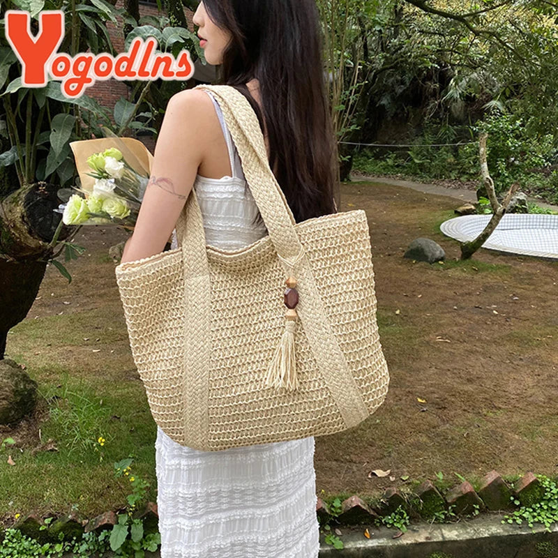 Design Straw Woven Tote Bag Casual Large Capacity Tassel Handbags