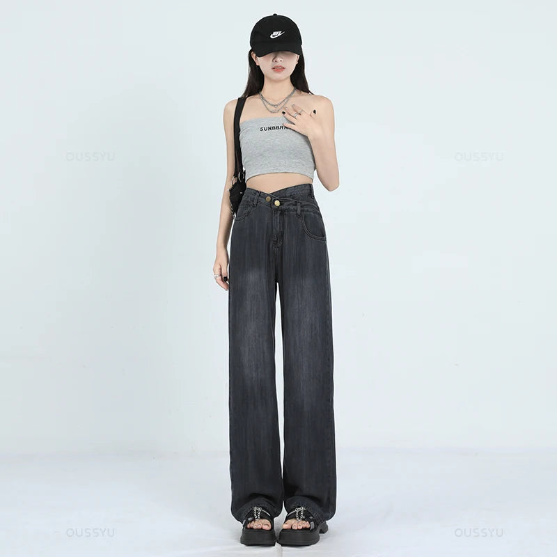 Woman Jeans Thin Loose Wide Leg Straight High Waisted Pant