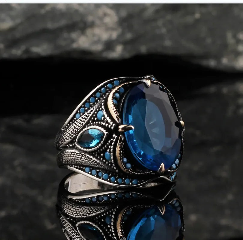 Vintage Oval Inlaid Blue Zircon Stones Men Rings