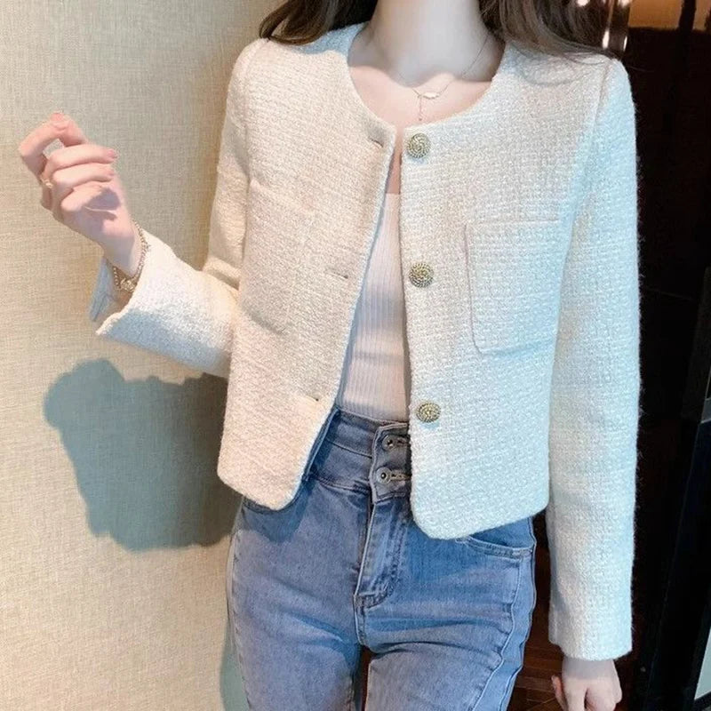 Fashion Tweed Cropped Jackets Round Neck Chic Coat