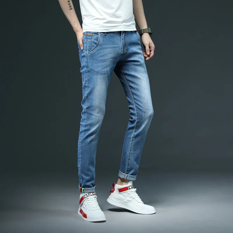 Skinny Jeans Men Cotton Blue Slim Streetwear Classic Solid