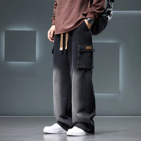 Wide Leg Washing Jean Pants Men Trousers Solid Color Loose Casual Fashion
